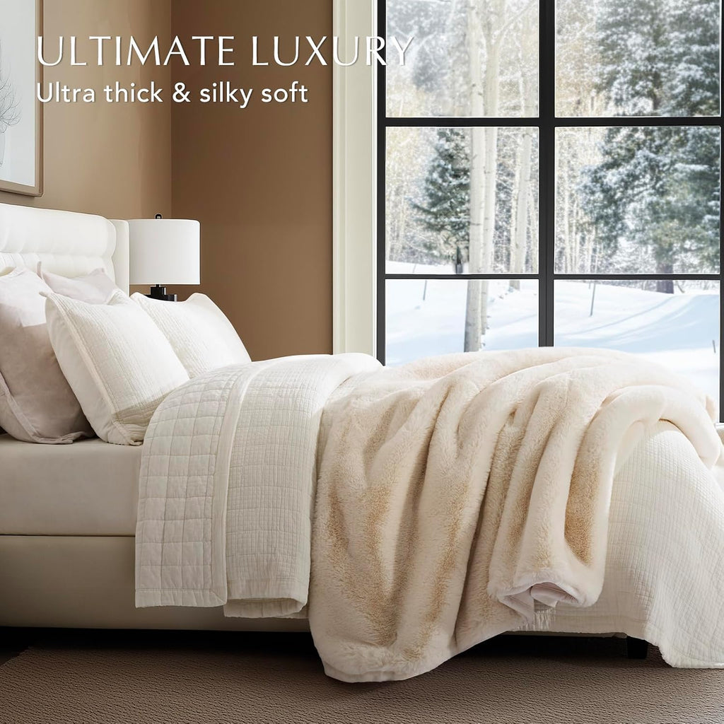 Faux Chinchilla Fur Throw Blanket, 60"x80", Arctic White | Luxury, Super Soft, 1220GSM, Fluffy Cozy Mink, Reversible