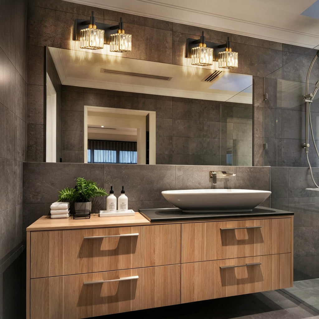 Modern Crystal Bathroom Vanity Light 2-Lights Black and Gold Bathroom Light Fixtures Over Mirror Bath Wall Sconce
