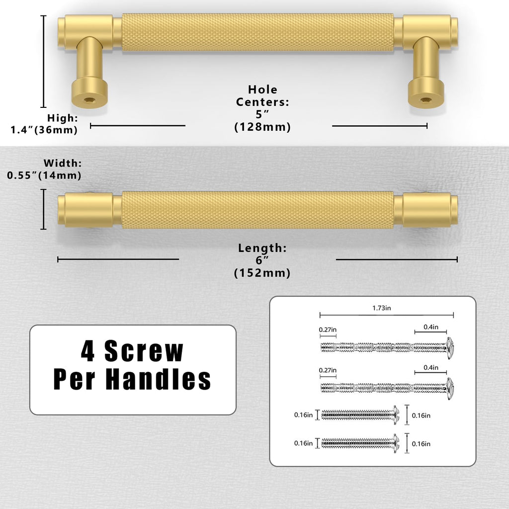 2 Pack Brushed Gold Knurled Cabinet Pulls 2 Inch(128mm) Kitchen Cabinet Handles Cabinet Hardware Drawer Pulls