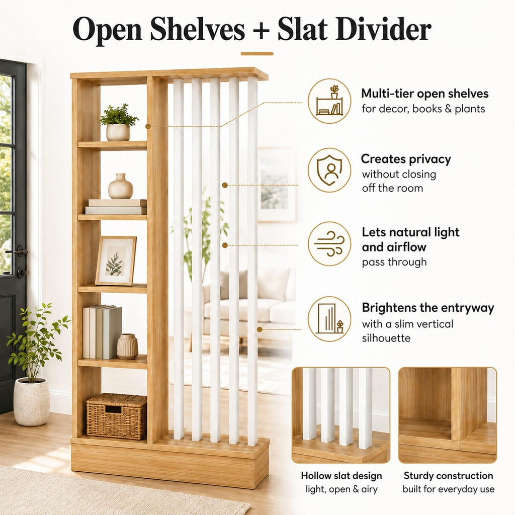 Wood Wall Room Divider with Storage Shelves Freestanding Slat Partition