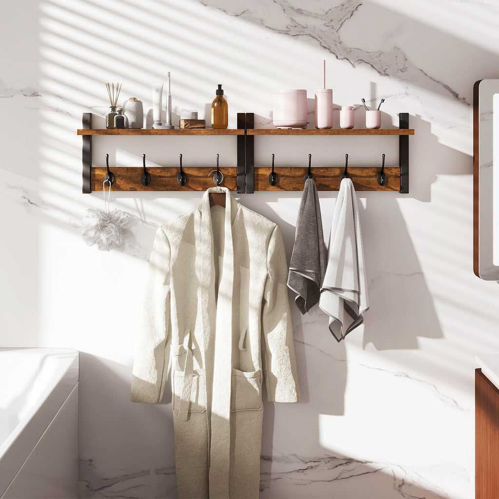 Coat Rack Wall Mount with Shelf and Hooks, Rustic Brown