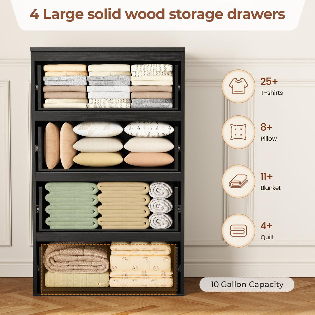 48.3'' Tall, 4 Chest of Wooden Deep Drawers, Vintage, Closet Storage Dressers Organizer (Black+Brown)