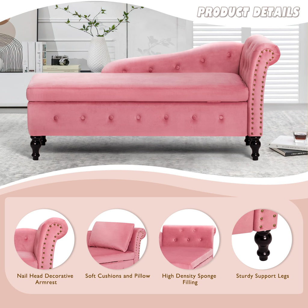 Velvet Chaise Lounge w/Right Armrest & Storage Space, Pink