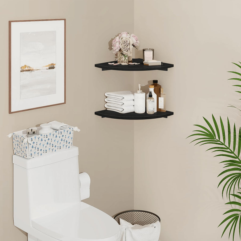 Corner Floating Shelves, 12" Deep Corner Shelves Wall Mounted with Cord Hole, 2 Tier Curved Corner Hanging Shelving
