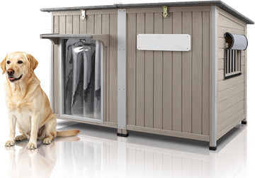 55"L Dog House Outdoor Large Breed Extra XL Wooden Dog House with Weatherproof Asphalt Roof, All-Around Iron Frame