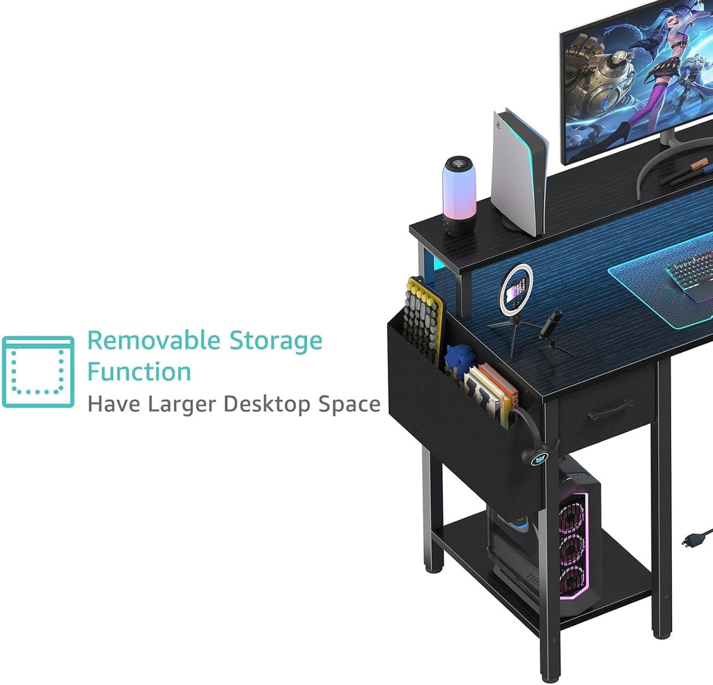 L Shaped Gaming Desk with Storage Shelves, 47 inch Home Office Desk with Monitor Stand, Computer Desk with LED