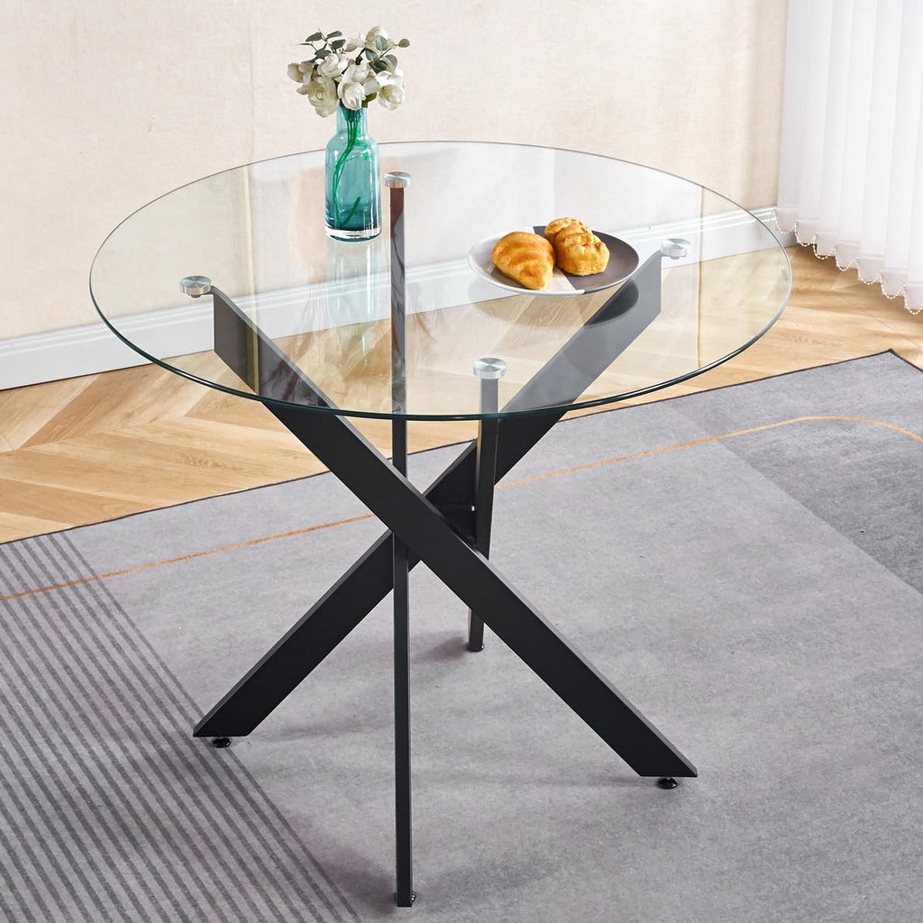 5 Piece Round Glass Dining Table Set for 4, 35" Round Dining Table & Chair Set Modern Small Circle Glass Kitchen