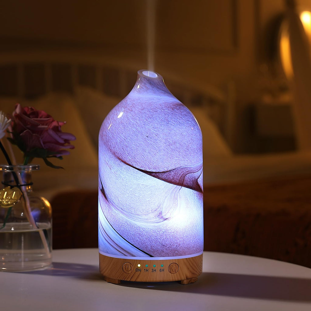Essential Oil Diffuser Hand Blown Glass Aromatherapy Diffuser - Ultrasonic Cool Mist Scent Aroma Diffuser, Whisper
