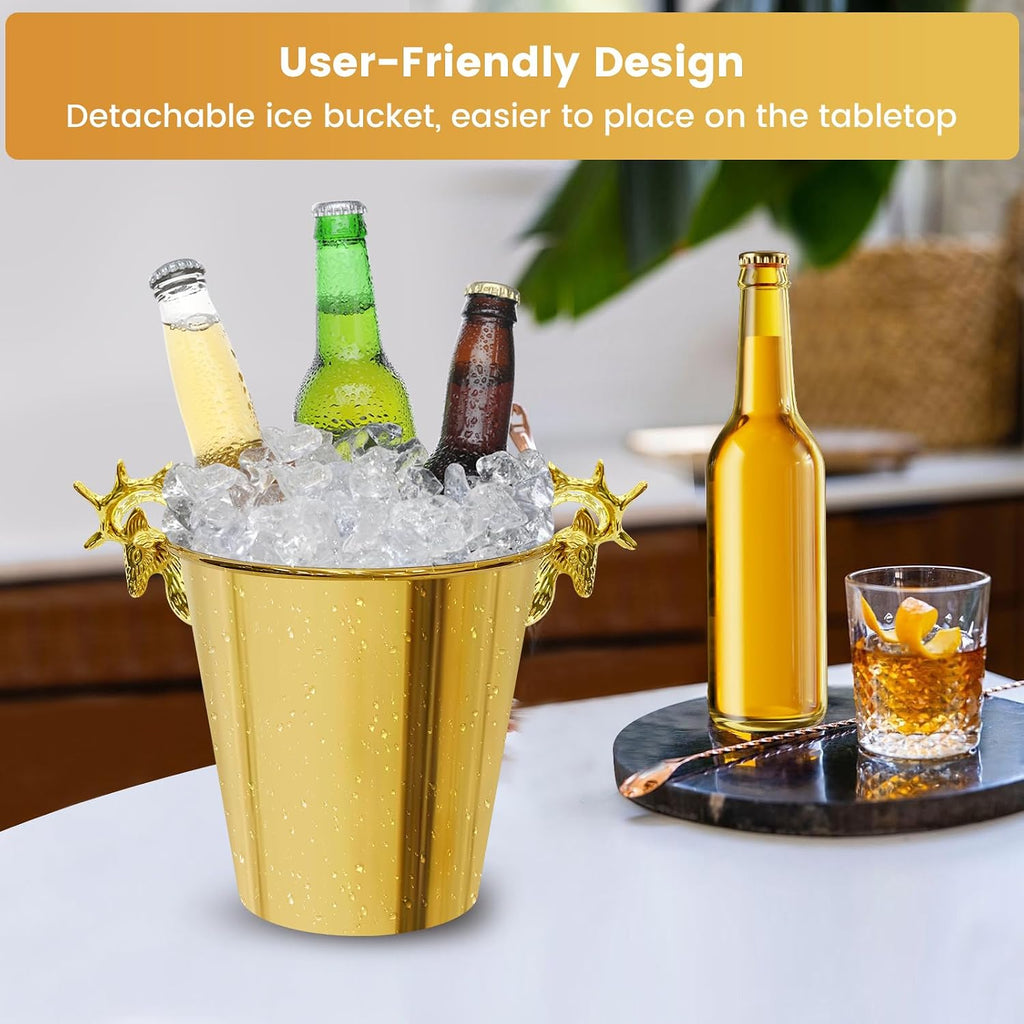 Ice Bucket with Stand,Gold Stainless Steel Champagne Ice Bucket,Deer Head Handle Wine Chiller Bucket for Christmas