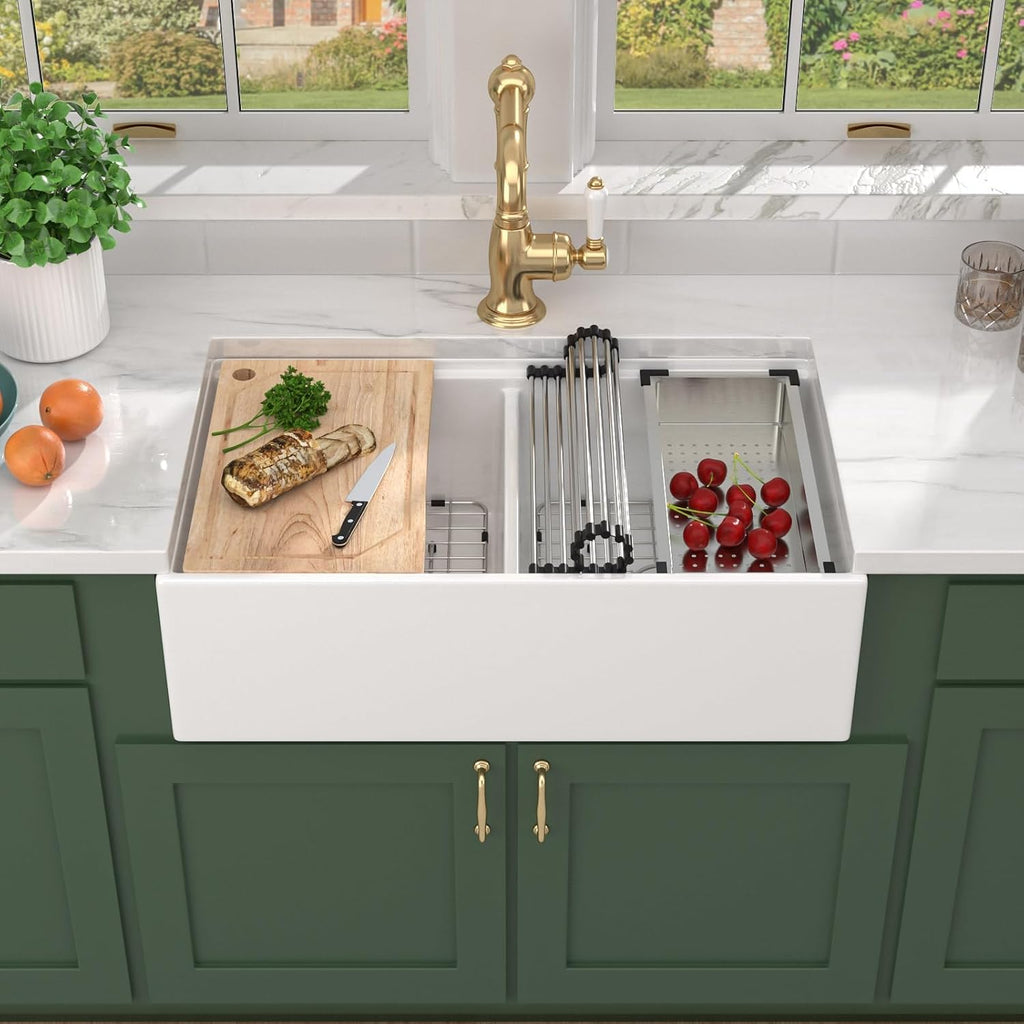 33x20 White Farm Sink Workstation, Double Bowl Reversible Fireclay Apron Front Farmhouse Sink Ceramic Porcelain
