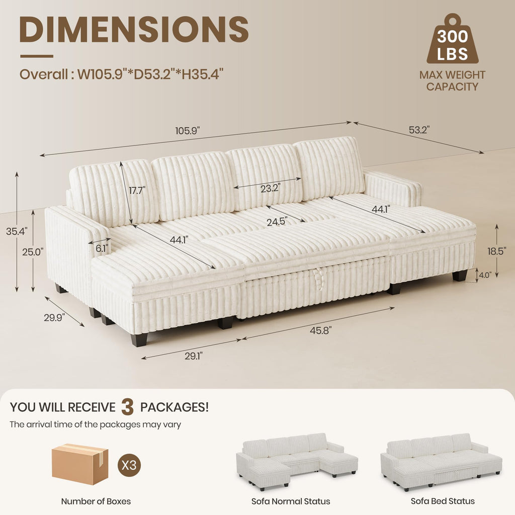 Modular Sectional Sleeper Sofa with Pull Out Couch Bed Corduroy Double Chaise with Storage Beige Couch