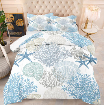 Summer Coastal Comforter Set Beach Blue Shells Quilt Bedding Set
