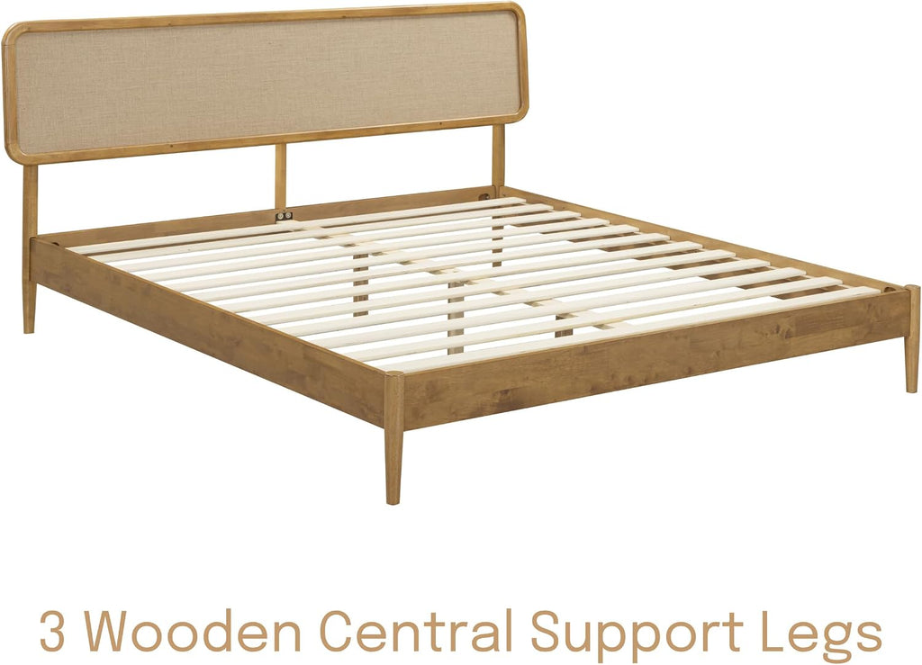 Lupin Wooden Bed Frame with Headboard, Solid Oak and Rubber Wood Foundation with Silent Slats and Wood Central - Set of 6