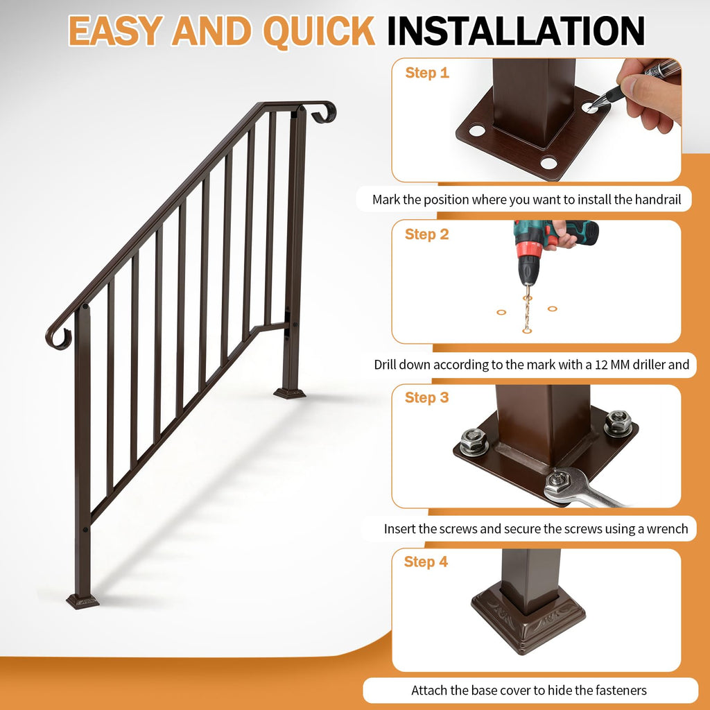 Handrails for Outdoor Steps, Wrought Iron Handrail Fits 3 or 4 Steps, Transitional Handrail with Installation Kit &