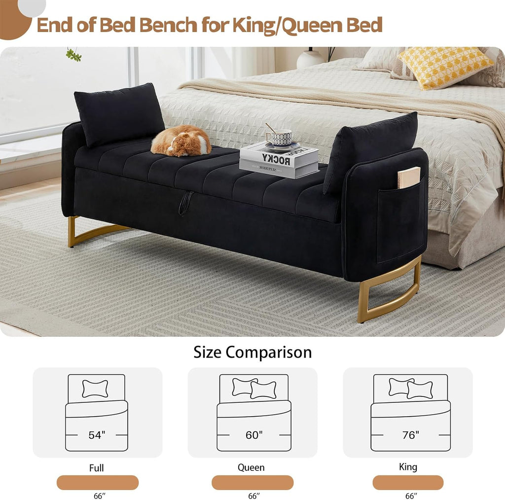 66" End of Bed Storage Bench King Size, Velvet Storage Benches Foot of Bed, Upholstered Storage Ottoman Bench with