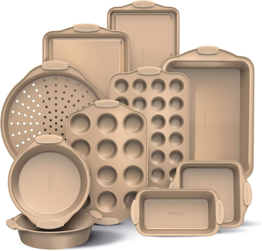 Nonstick Stackable Bakeware Set - Heavy Duty, Durable, Easy Release Set, Gold, 10 Pcs