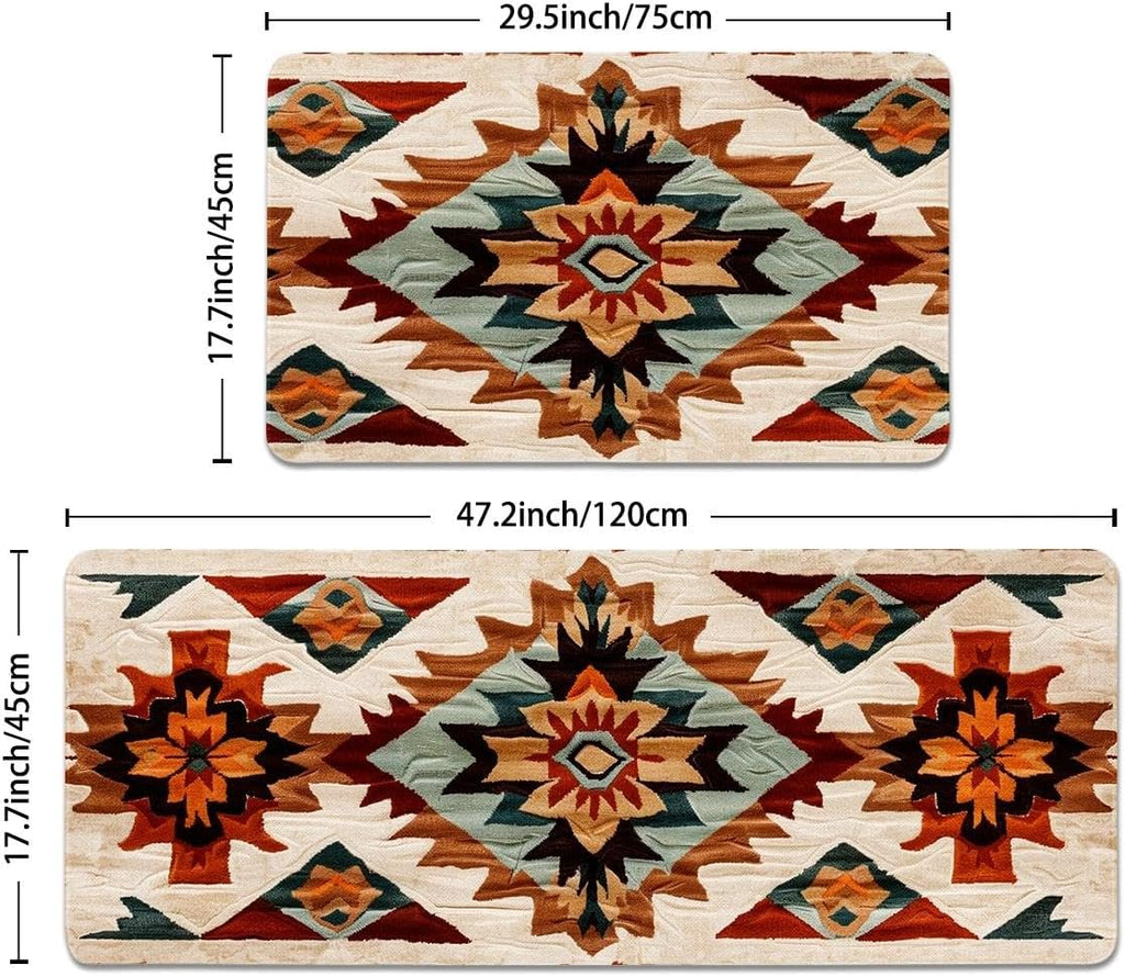 Rustic Navajo Kitchen Rugs Set of 2, Aztec Geometric Cotton Blend Linen Non Slip Kitchen Floor Mats Bedroom Bathroom