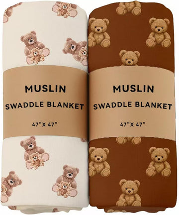 Muslin Swaddle Blankets Bear 100% Cotton Breathable Receiving Blankets Soft and Large 47 x 47 Inches Newborn