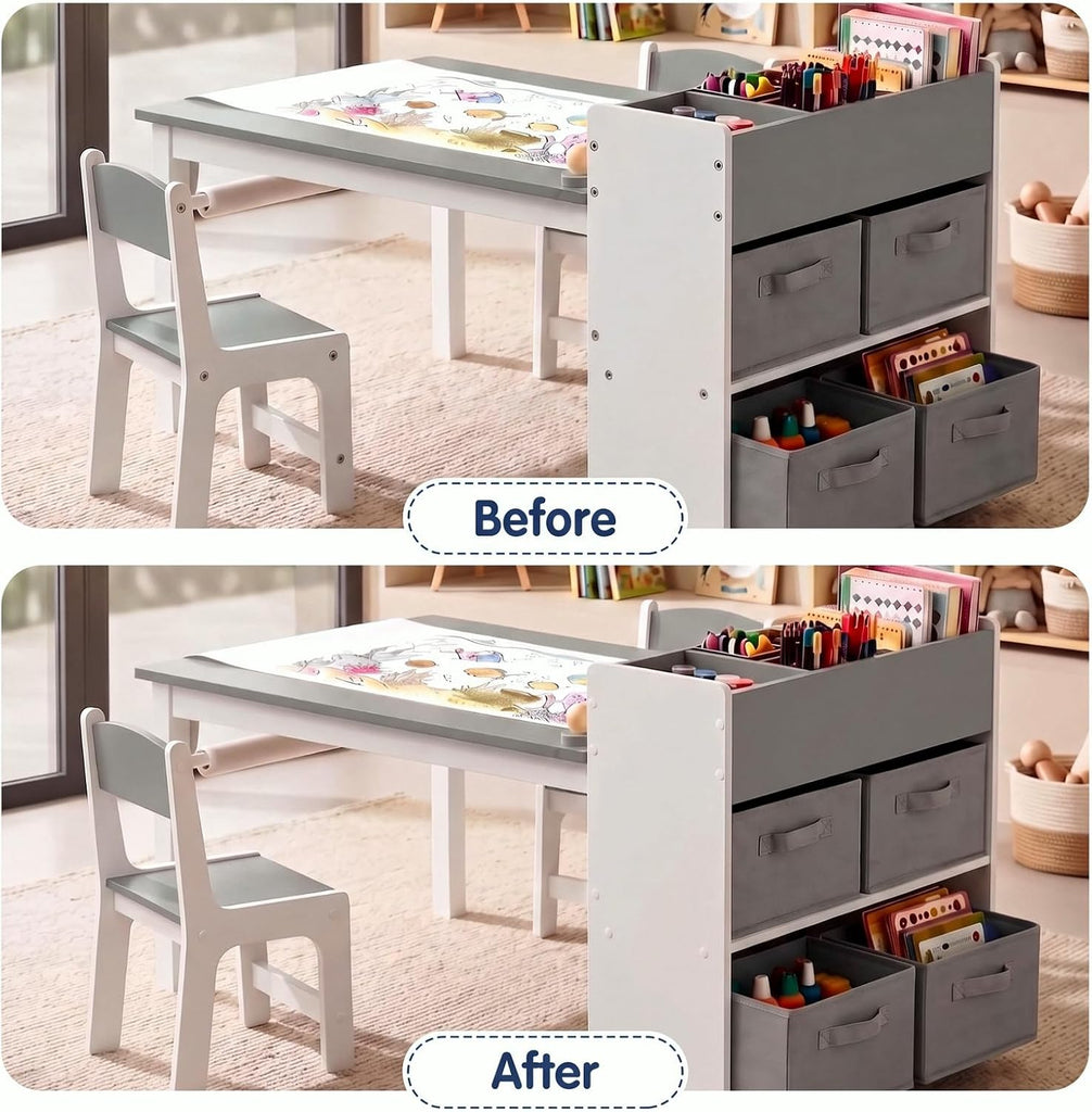 Kids Art Table & 2 Chairs Set, Wooden Activity Craft Desk w/ Paper Roll