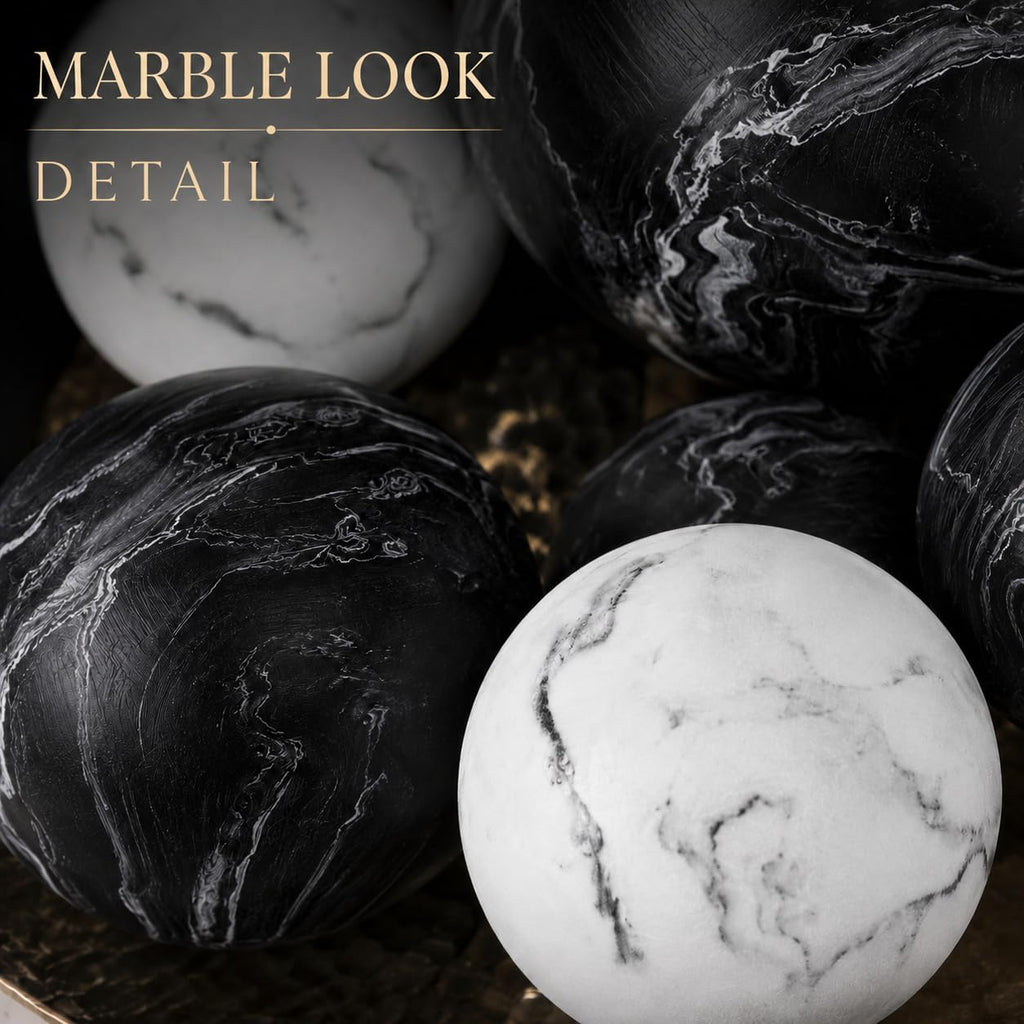 Black & White Small Set of 8 Marble Look Decorative Balls for Bowls - Decorative Orbs Spheres for Coffee Table