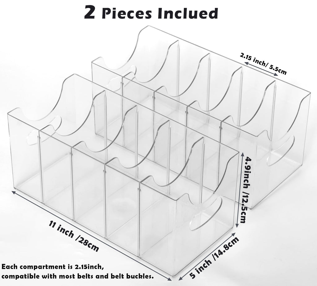 Belt Organizer - 2 Pack Clear Stackable Belt holder For Closet Drawer Storage - 5 Compartments with Removable