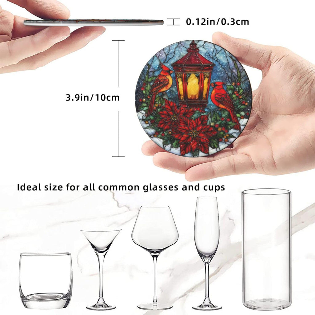 Christmas Coasters for Drinks with Holder Round Leather Coasters Set of 6 Cups Mugs Mat Pad Kitchen Bar