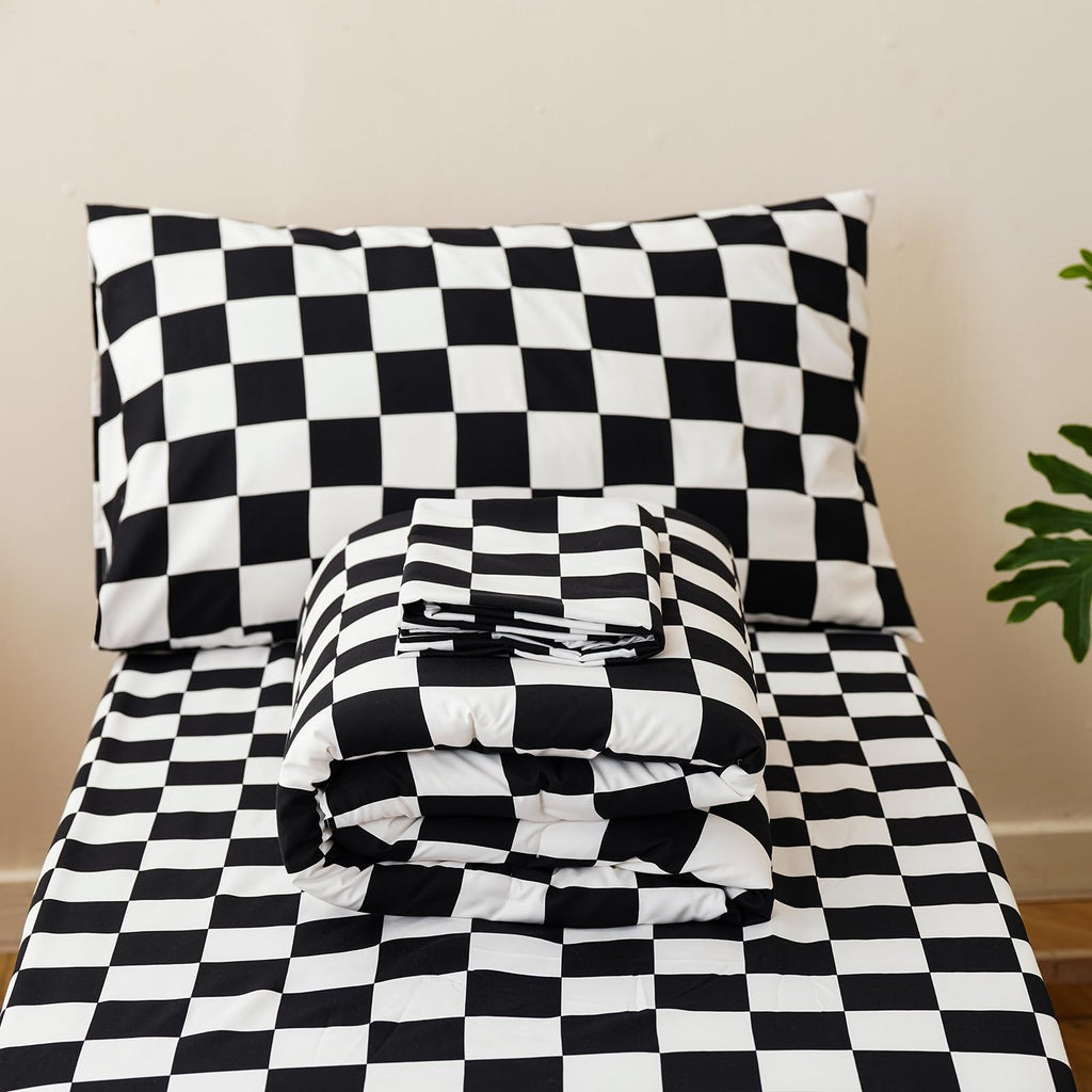 Grid Toddler Bedding Set Black White Checkered 4 Pieces Crib Bed Set Kids Pliad Comforter Set