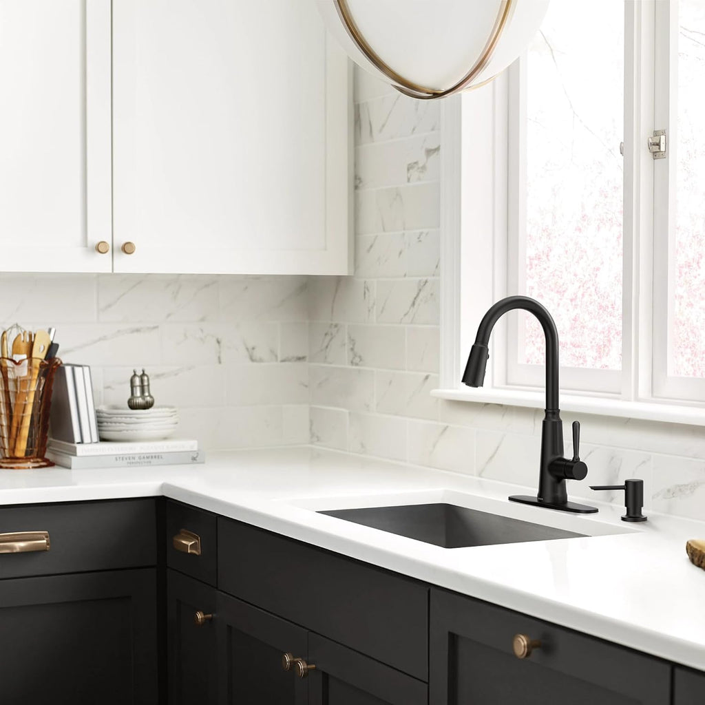 Trew Matte Black Kitchen Faucet with Soap Dispenser and Pulldown with Power Boost, Transitional Kitchen Faucet