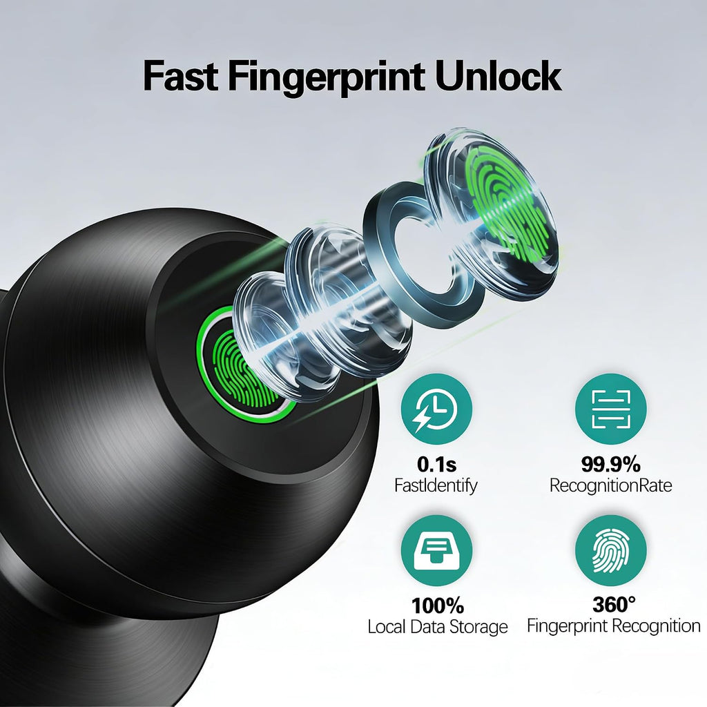 Smart Door Knob, Fingerprint Door Knob, Biometric Smart Door Lock with App Control, Metal Alloy Door Knobs, Easy