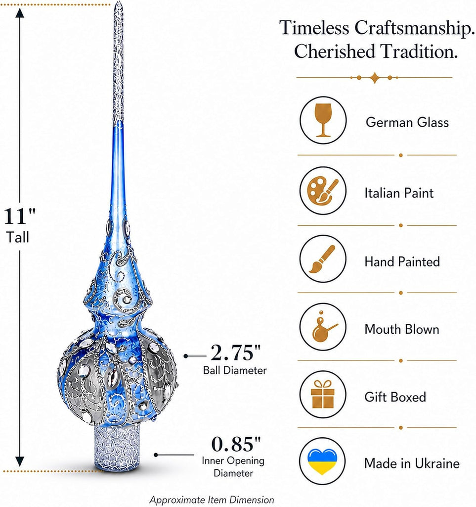 Ornate Blue Silver Scrollwork Translucent Finial Glass Tree Topper