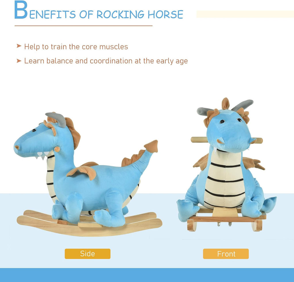 Kids Plush Ride-On Rocking Horse Toy Dinosaur for18-36 Months Blue