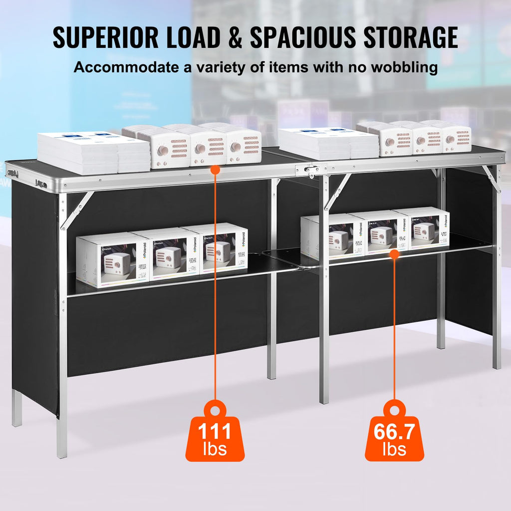 Extra Long Folding Portable Bar Tradeshow Podium Table for Indoor, Outdoor, Party, Picnic, Exhibition, Includes