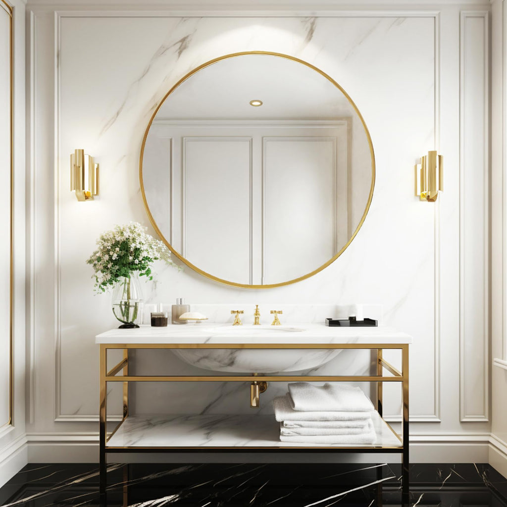 Large Round Mirror, Circle Mirror 30 inch, Brushed Gold Metal Frame