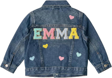 Personalized Denim Jacket for Girls with Name, Custom Toddler Kids Jean Jacket with Chenille Patches, Back to School