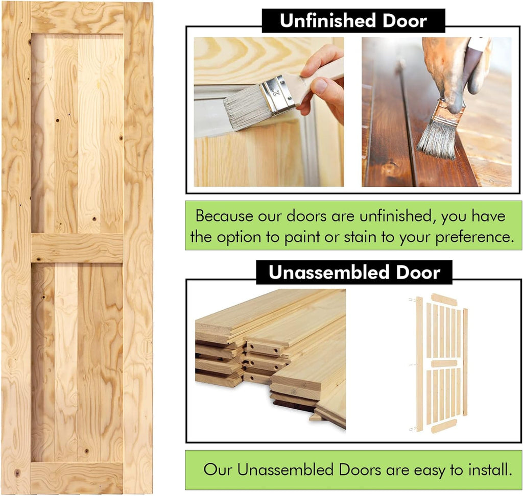 5-in-1 Design Solid Natural Pine Wood Barn Door, 26in Wide 84in High, Unfinished and Unassembled, wi