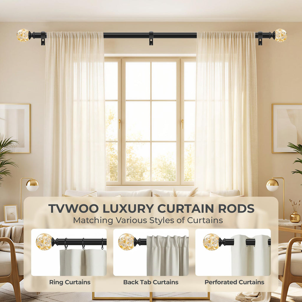 Black Decorative Crystal Curtain Rods, 1" Heavy Duty Adjustable 36-88"