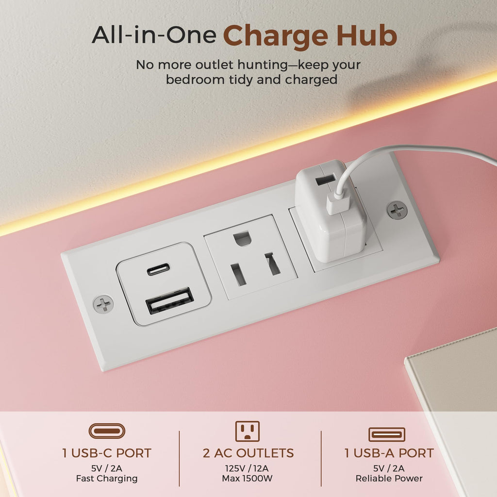 6 Drawer Dresser with LED Lights and Charging Station, Modern Pink Dresser