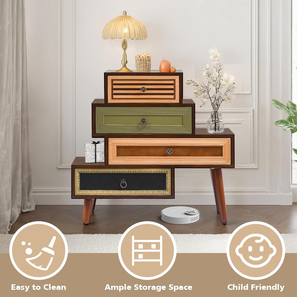 Vintage Accent Chest with 4 Drawers, Asymmetrical Stacked Design, Multicolored Hand-Carved Decorative Rustic Cabinet