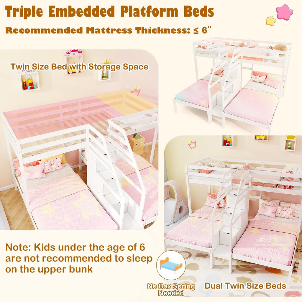 Triple Bunk Bed with Stairs, Twin Over Twin & Twin Bunk Bed Frame with Guardrail & Storage