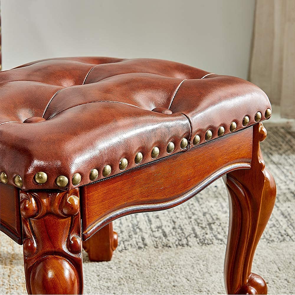 Small Footstool Brown Leather Ottoman, Vintage Carved Upholstered Footrest, Rubber Wooden Foot Rest Stool Sofa Stool