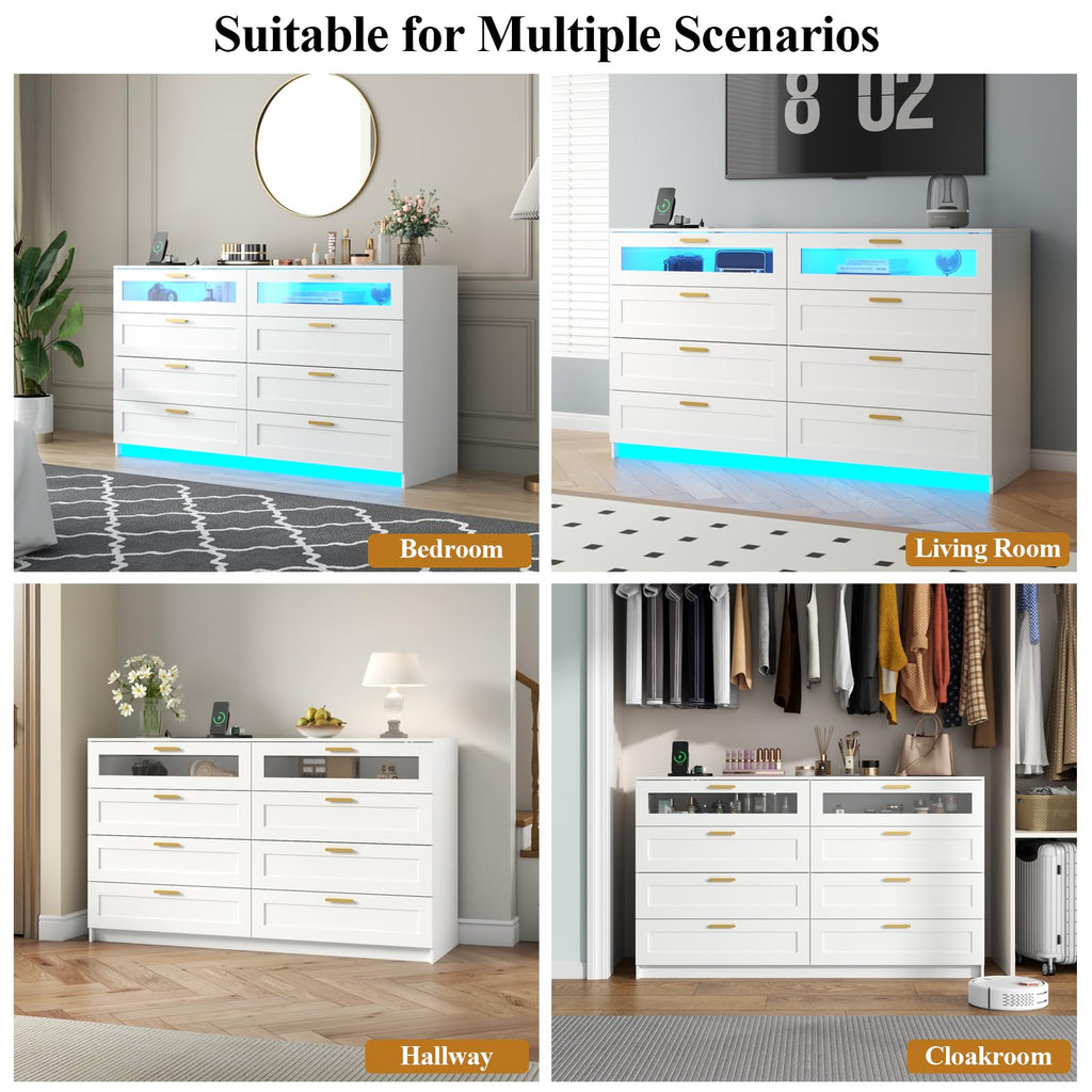 8 Drawers Dresser with Charging Station, Dresser with LED Light