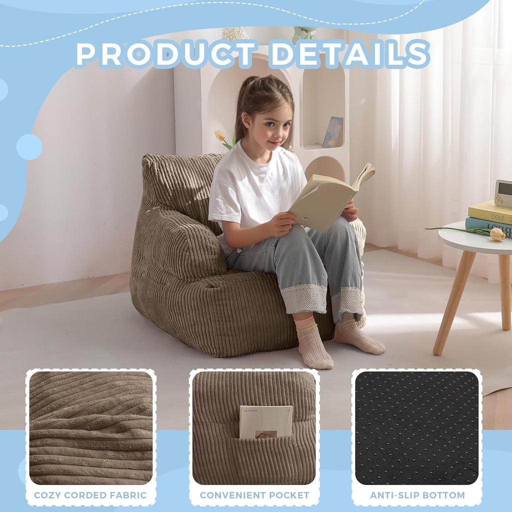 Kids Bean Bag Chair, Stuffed Bean Bag Sofa, Brown, Standard