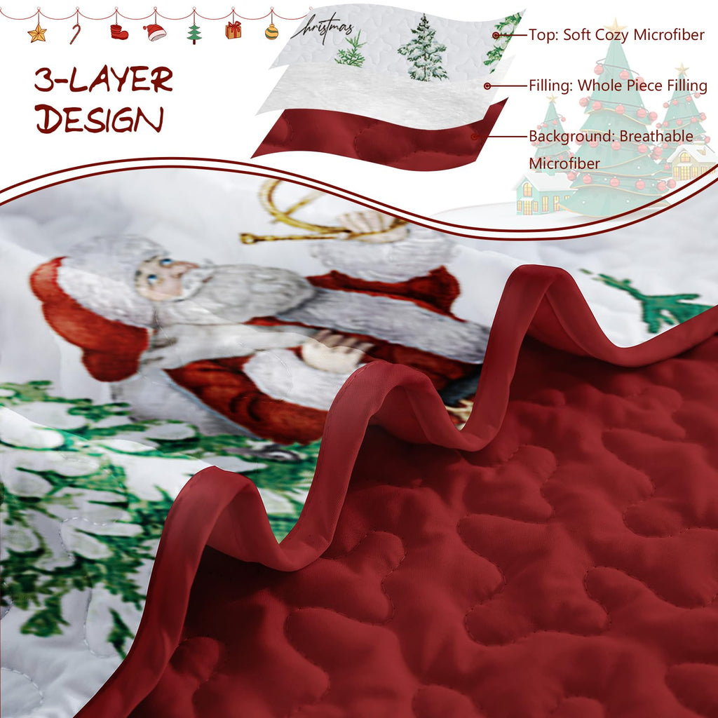 Christmas Quilt Set Queen Size, Santa Sleigh Snowman Holiday Bedding Set
