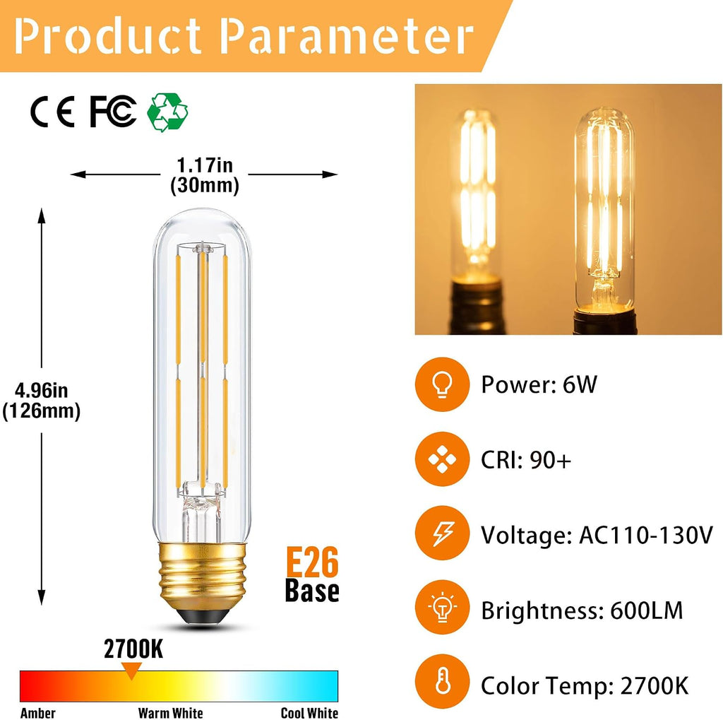 Dimmable E26 T10 LED Bulb Tube Light Bulbs 6W,2700K Solf White 600LM