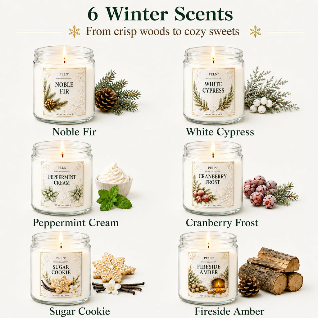 6-Pack Winter Candle Gift Set, 7 oz Soy Candles, Holiday Christmas Scents