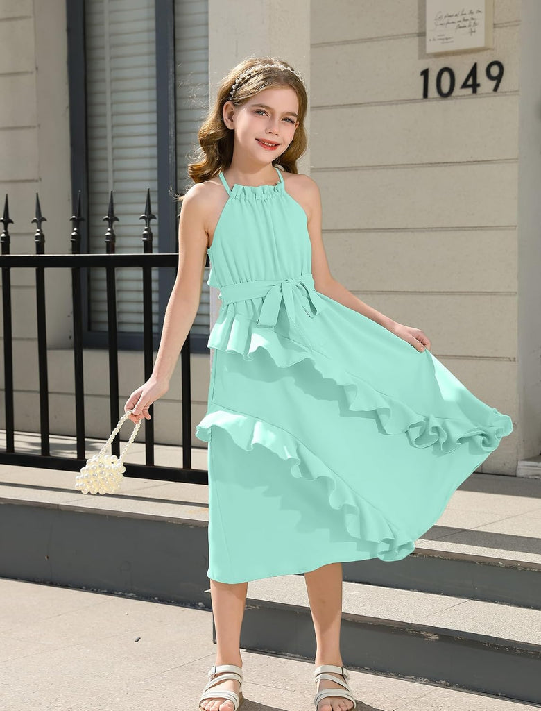 Dresses Tween Halter Tie Back Tiered Ruffle A-Line Flowy Dress Summer Sleeveless Sundress