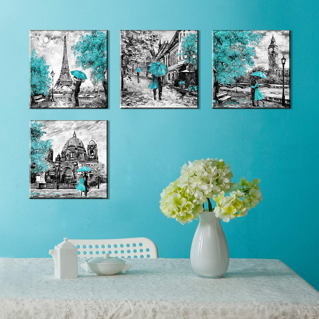 Paris Eiffel Tower Wall Decor Teal Cityscape Wall Black and White Umbrella Couple London Big Ben Prints Painting