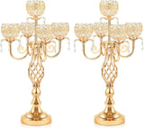 Crystal Candelabra Centerpiece, 5-Light Gold Metal Stand with Hanging Crystals, Decorative Wedding Table Holder (2