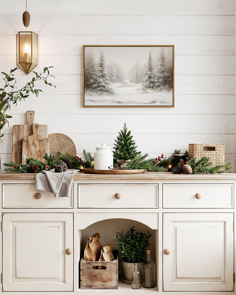Vintage Snowy Pine Forest with Deer Canvas Wall Art 16x24 Framed