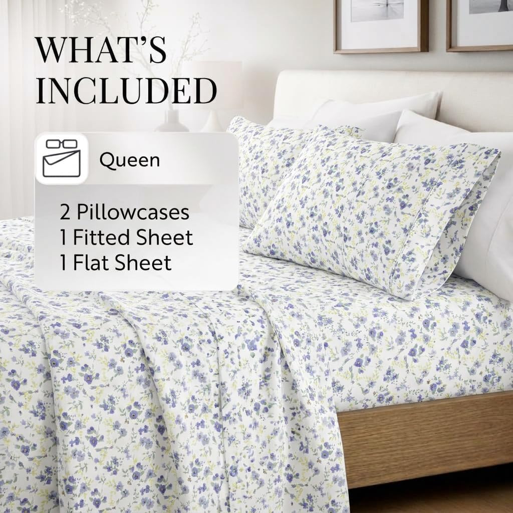 4 Piece Queen Sheet Set - Breathable, Double-Brushed Patterned Cooling Sheets - Ultra Soft & Wrinkle-Free 16"